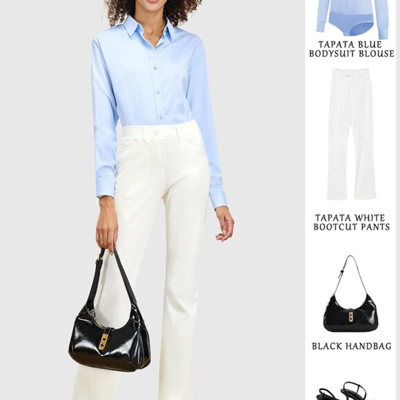 Womens Bodysuit Blouse Button Down One-Piece Long Sleeve Solid Office Work Shirt - Picture 4 of 11